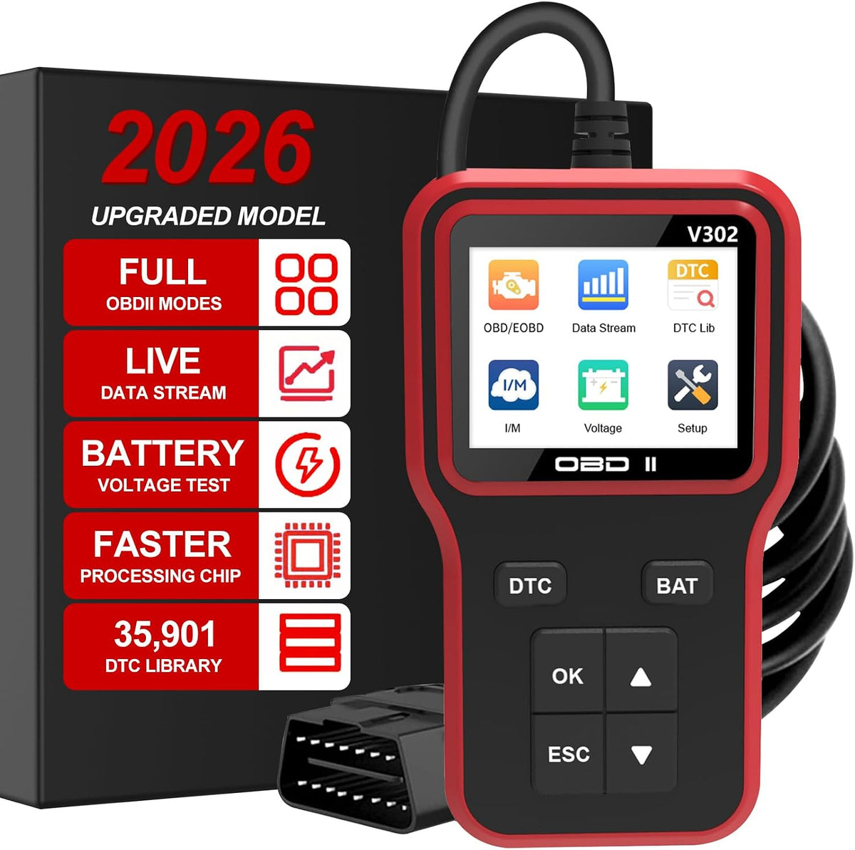 OBD2 Scanner Car Engine Fault Code Reader Wired, V302 OBDII Scan Tool