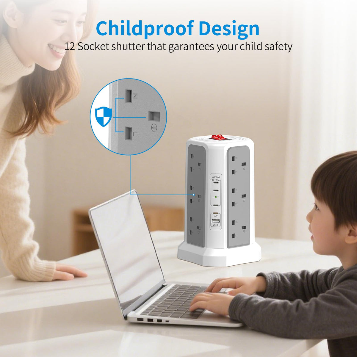 HAFINO Tower Extension Lead with USB Slots, PD18W USB C Fast Charger, 1.8M