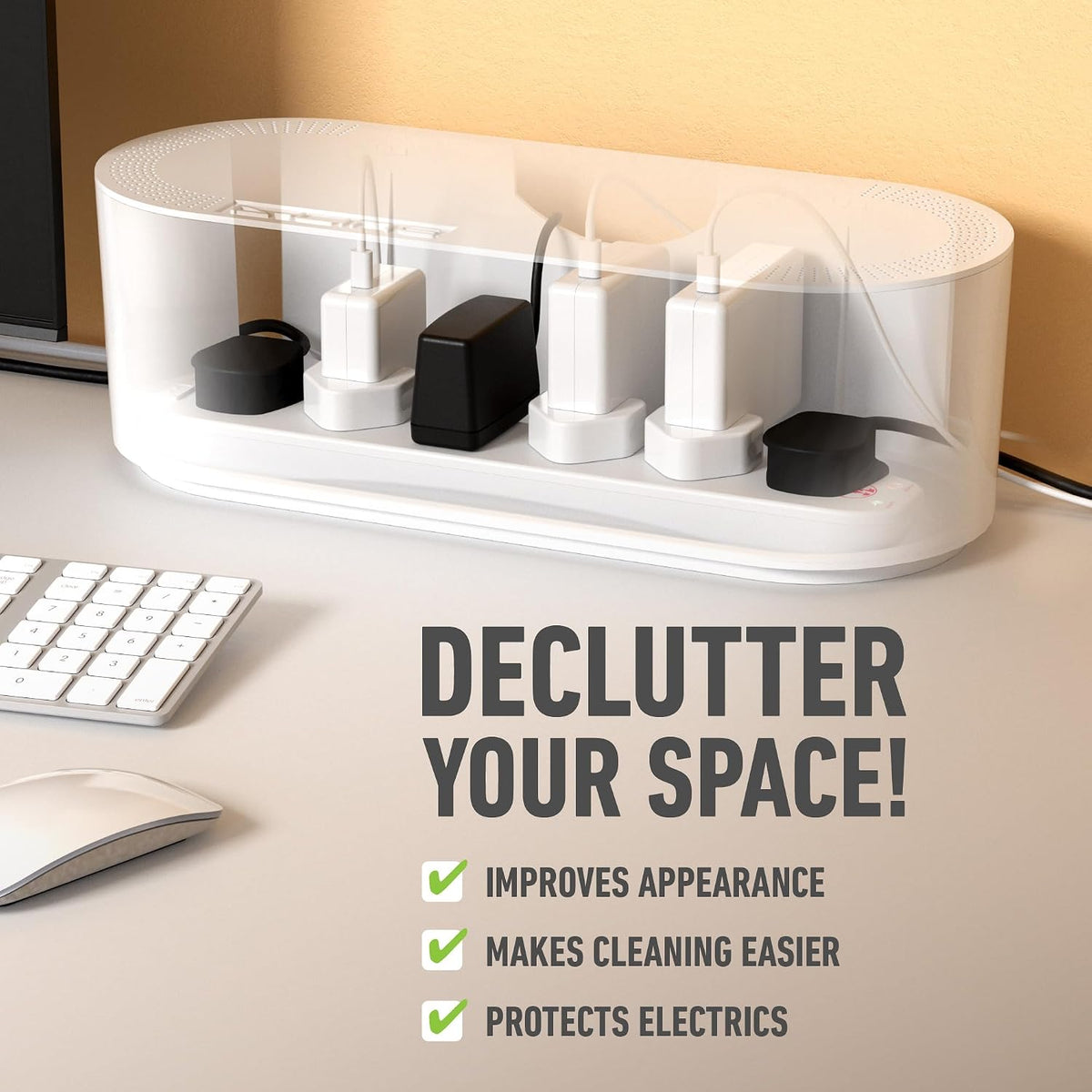 D-Line Cable Tidy Box, Hide Extension Blocks, Desk Cable Management, Organise TV Cables - 415mm (L) x 165mm (W) x 135mm (H) - Large, White