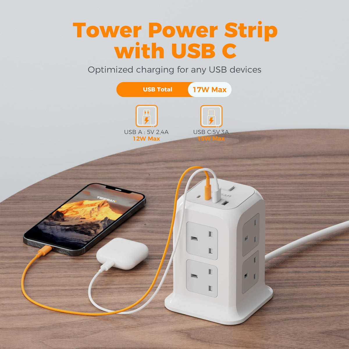TESSAN 8 Way Black Tower Extension Lead 2M with 4 USB Slots (2 USB C)