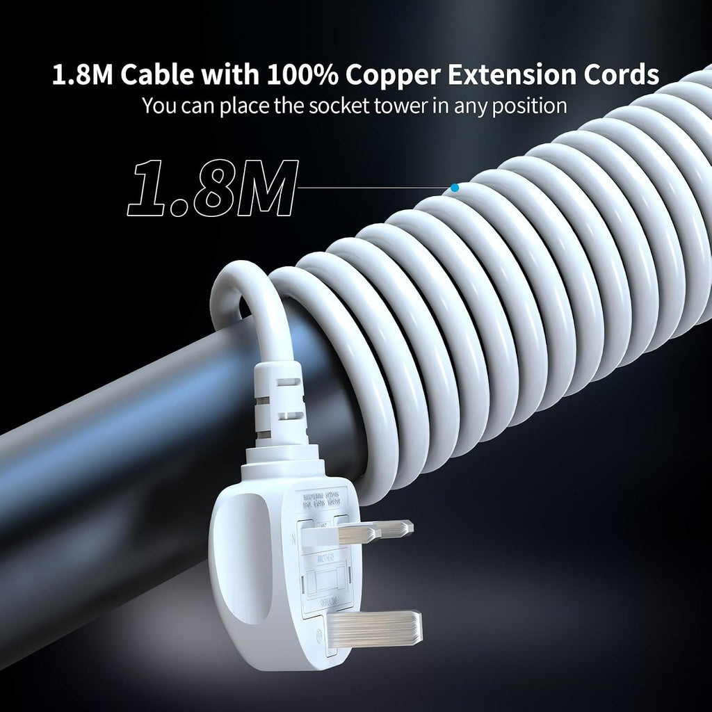 HAFINO Tower Extension Lead with USB Slots, PD18W USB C Fast Charger, 1.8M