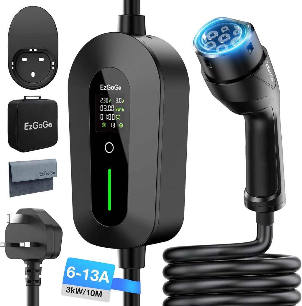EzGoGo EV Charger 3 Pin Plug 32.81Ft/10M 3kW 6-13A Type 2 Charging Cable