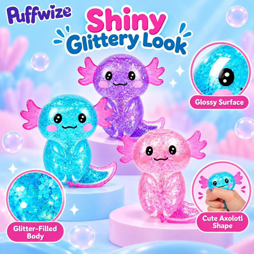 Axolotl Squishy Stress Relief Toy Glitter Fidget Toys Cute Malt Sugar Axolotl Toy Fidget Toys for Kids Youth Adult, Party Favors Anxiety Relief Squishy Toys(Blue)