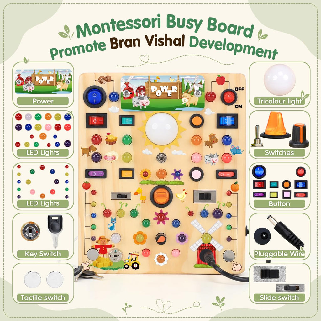 Busy Board with LED Light Switches, Montessori Toys for 1 2 3 Years Old, Toddlers Wooden Toy Sensory Activity Board, Travel Toys for 1+ Year Old Boy & Girl Birthday Gift