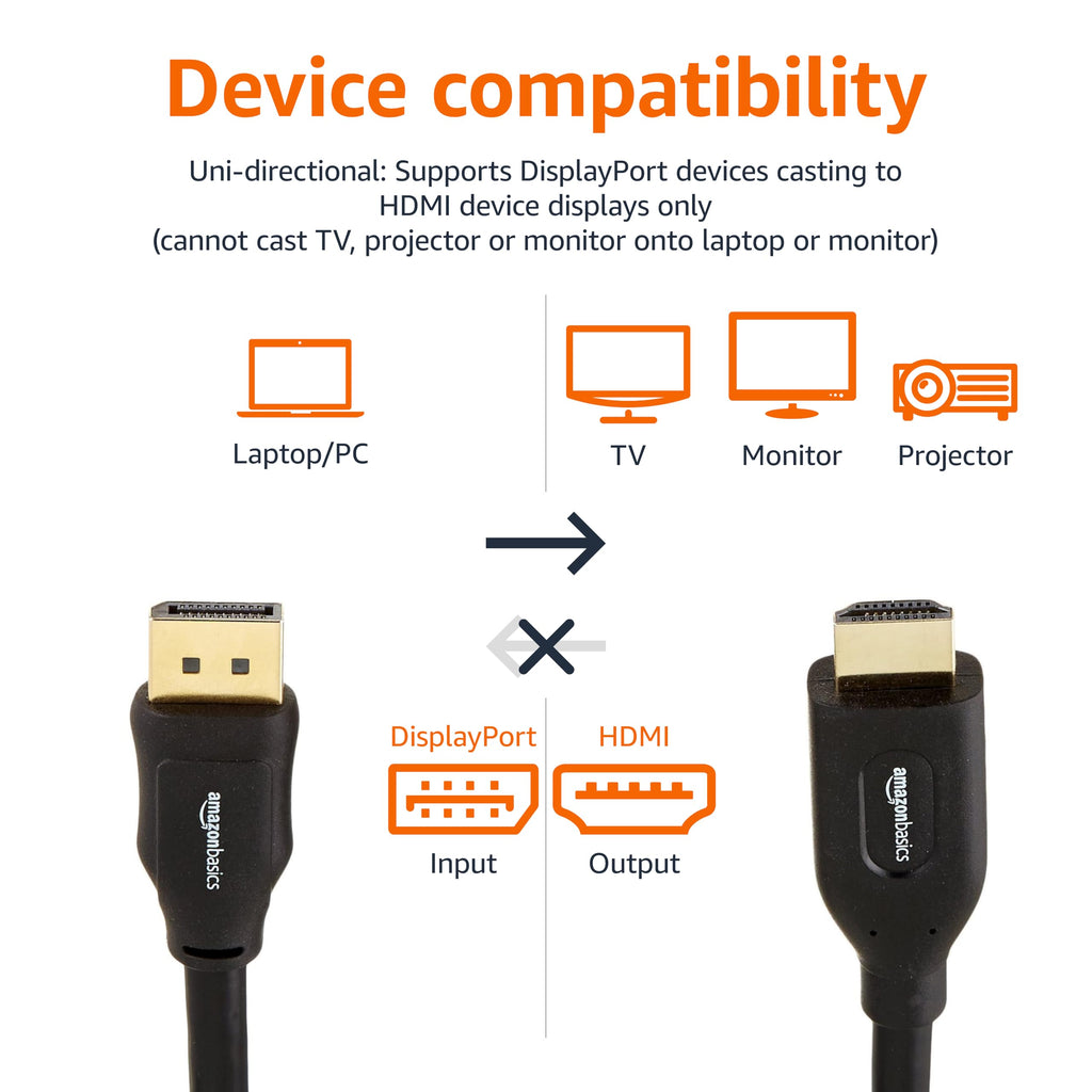 Amazon Basics DisplayPort to HDMI Cable, Uni-Directional, 0.9 m, Black