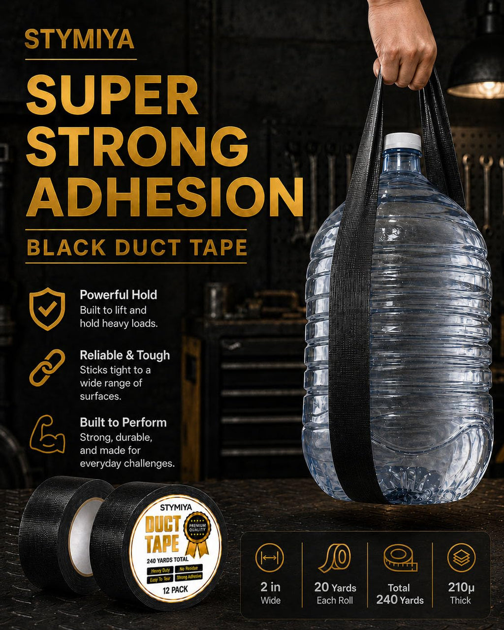 Black Duct Tape Heavy Duty: 3 Rolls 2inch x 20yd Wide Waterproof Outdoor - Strong Adhesive Weather Tapes Repair Bulk - Ductape for Patterns Masking Packing Furniture Kids Craft (3, Matte Black)