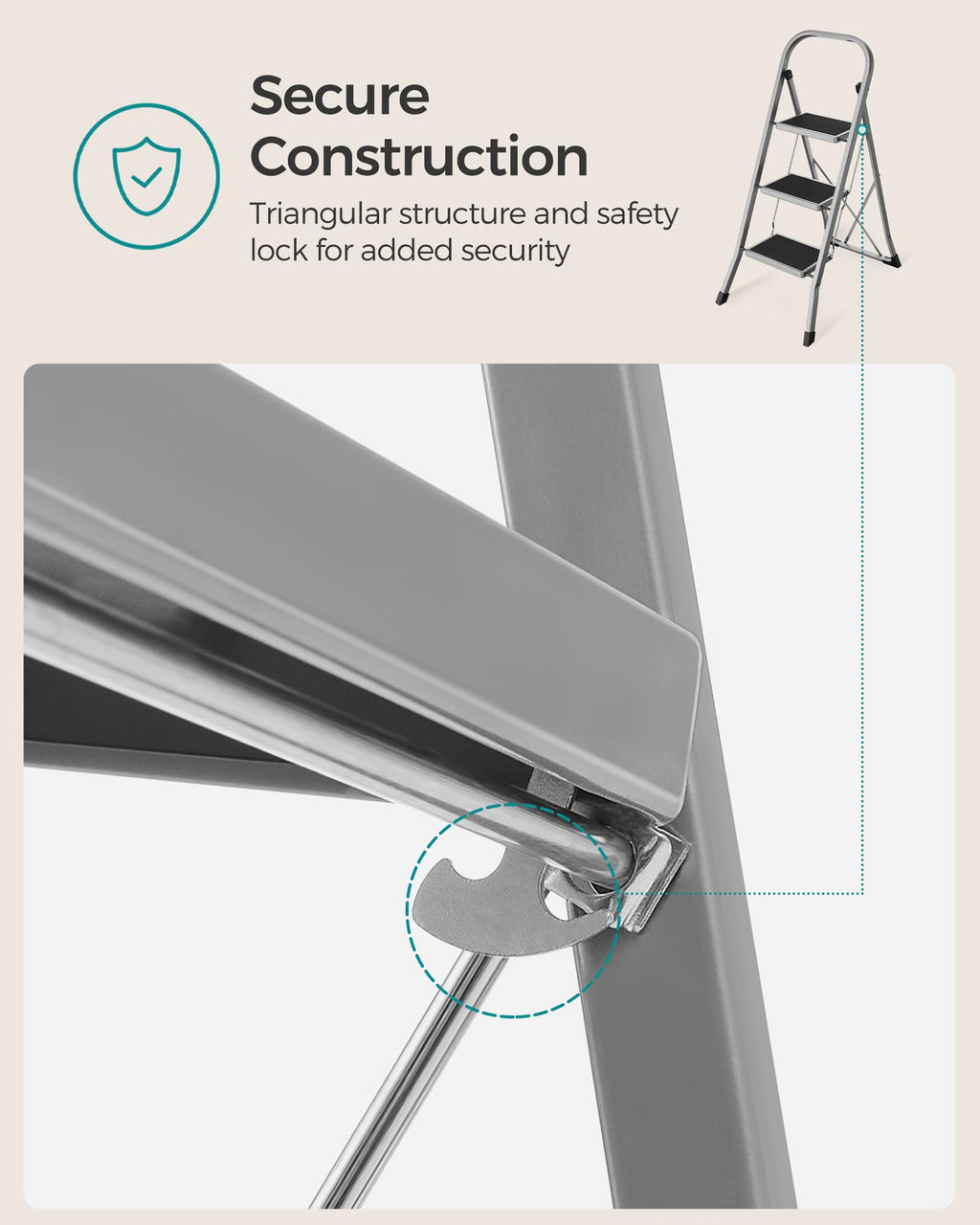SONGMICS 3-Step Ladder, Folding Step Ladder, Safety, Holds up to 150KG