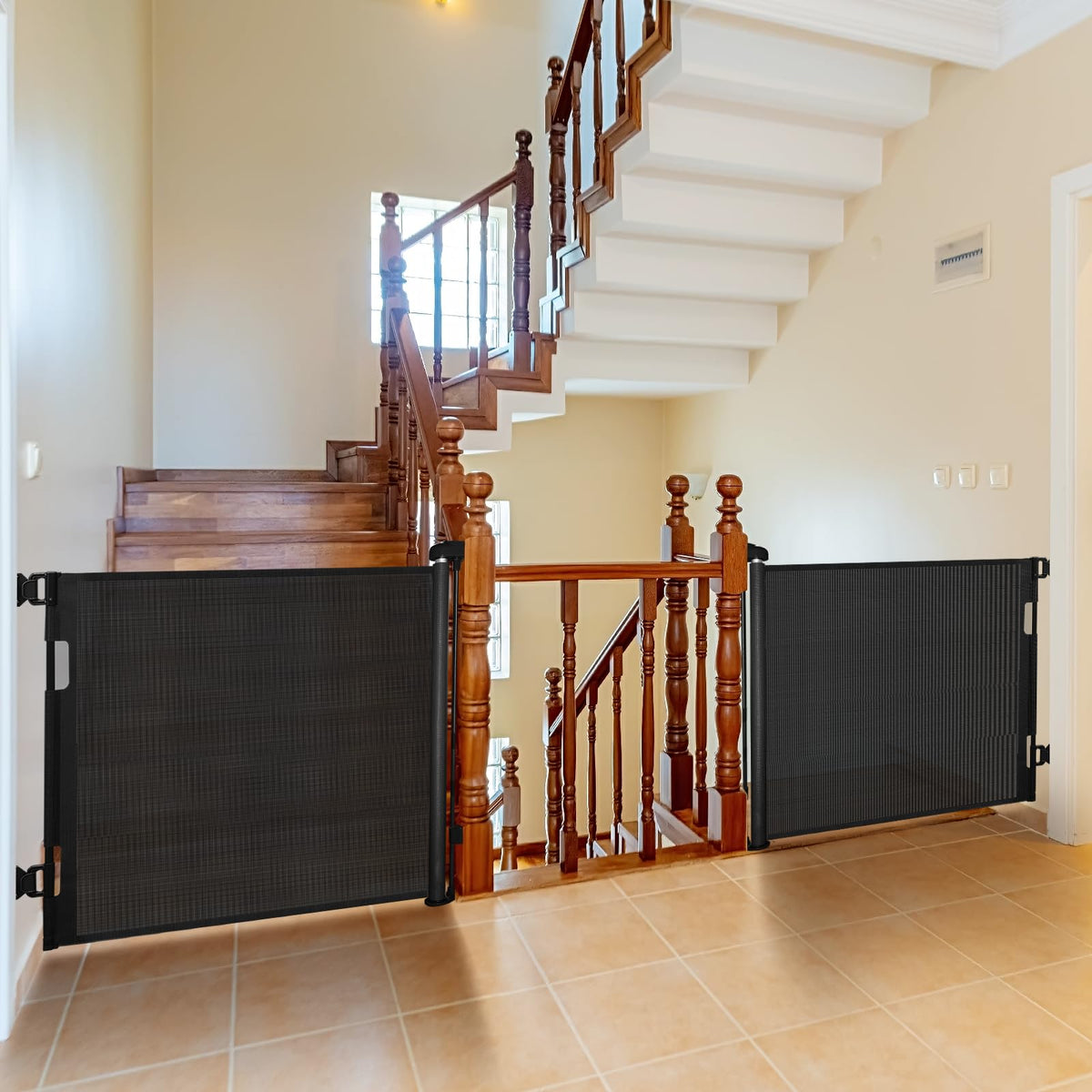 Retractable Mesh Baby & Dog Gate for Stairs, 86cm Tall x 140cm Wide, Black
