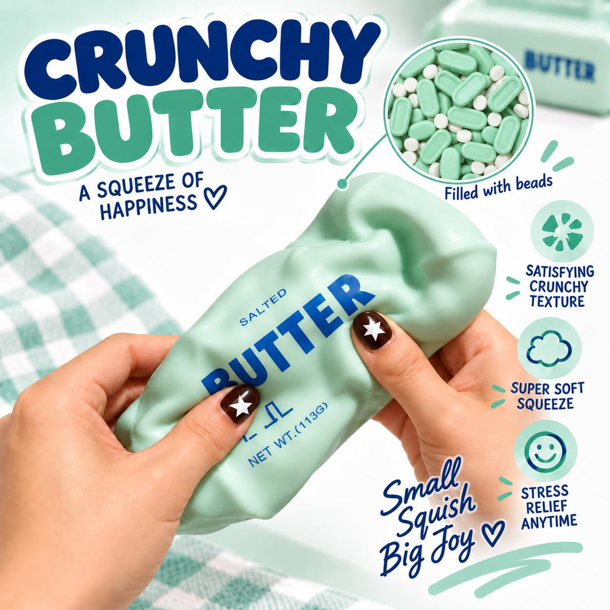 Crunchy Butter Squishy, Soft Squeeze Sensory Fidget Toy with Crunchy ASMR Texture, Butter Stick Stress Relief Toy, Fun Novelty Gift for Kids Teens and Adults, Pink