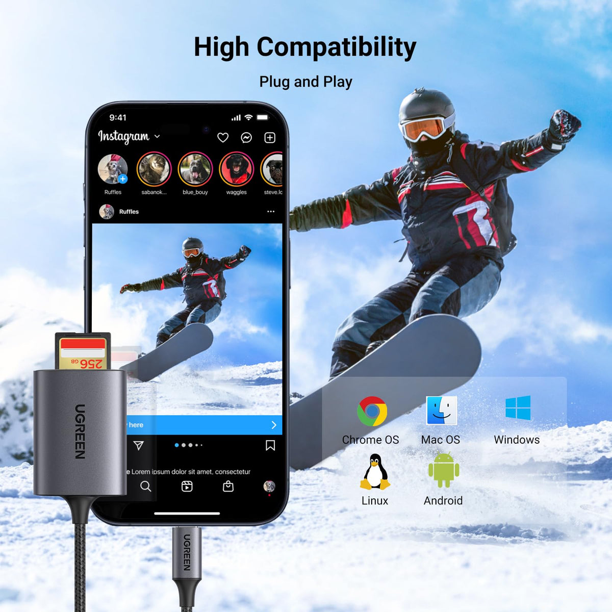 UGREEN SD Card Reader, USB C 170MB/s Adapter with Dual-Slot for TF/SD