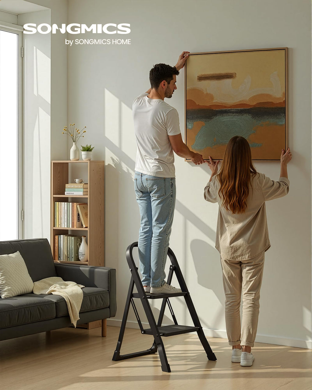 SONGMICS 3-Step Ladder, Folding Step Ladder, Safety, Holds up to 150KG
