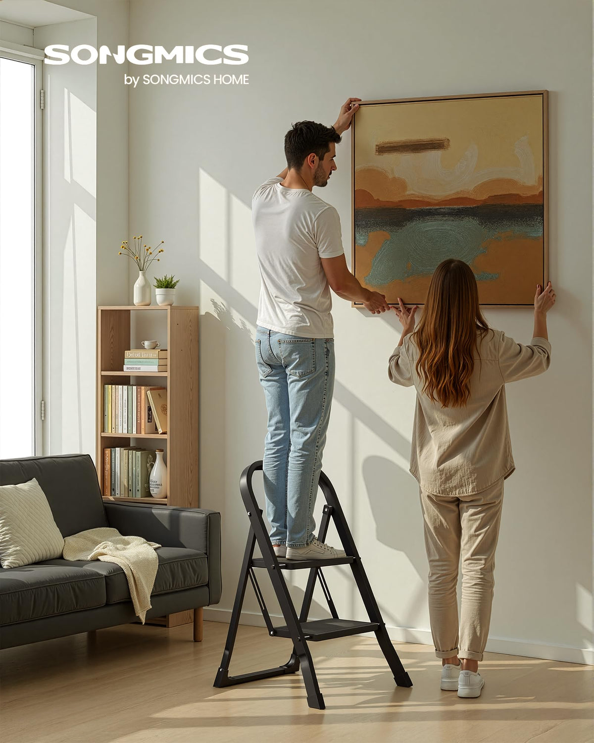 SONGMICS 3-Step Ladder, Folding Step Ladder, Safety, Holds up to 150KG