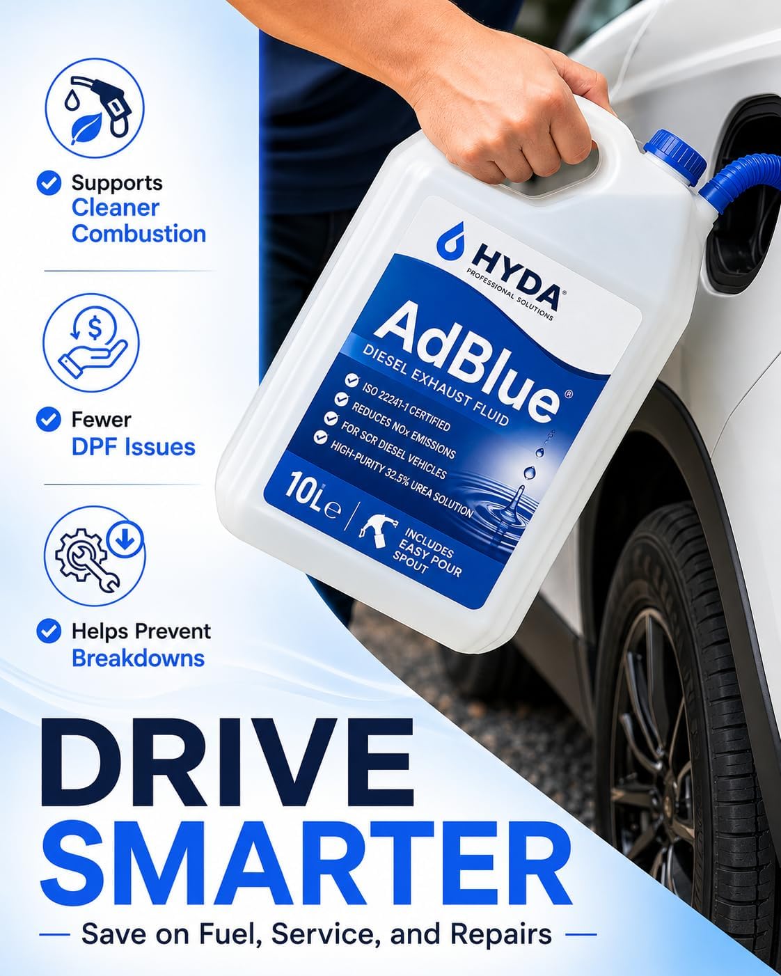 HYDA AdBlue 10 Litres Ad Blue Diesel Exhaust Fluid DEF ISO 22241 for Diesel Cars Vans Trucks Commercial Vehicles High Purity Urea Solution Easy Pour Spout Included