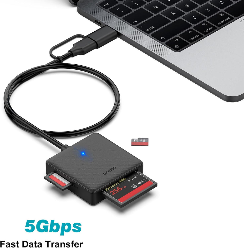 Memory Card Reader, BENFEI 4in1 USB 3.0 and USB-C to SD Micro SD MS CF Card Reader Adapter, 4 Cards Simultaneously Read and Write, Compatible with iPhone 15 series, MacBook Pro/Air 2023, and More