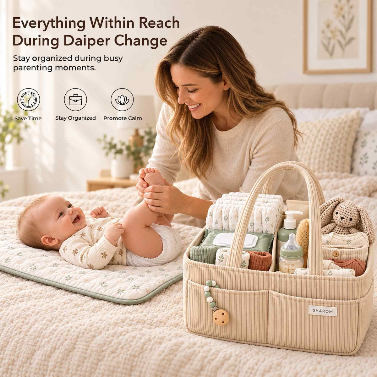 Essential Baby Caddy for Newborns. Spacious, Sturdy & Portable Diaper and Nappy Caddy for Newborn Essentials, Nursery Storage Basket & Organiser for Baby Shower Gifts & Registry Must-Haves Grey