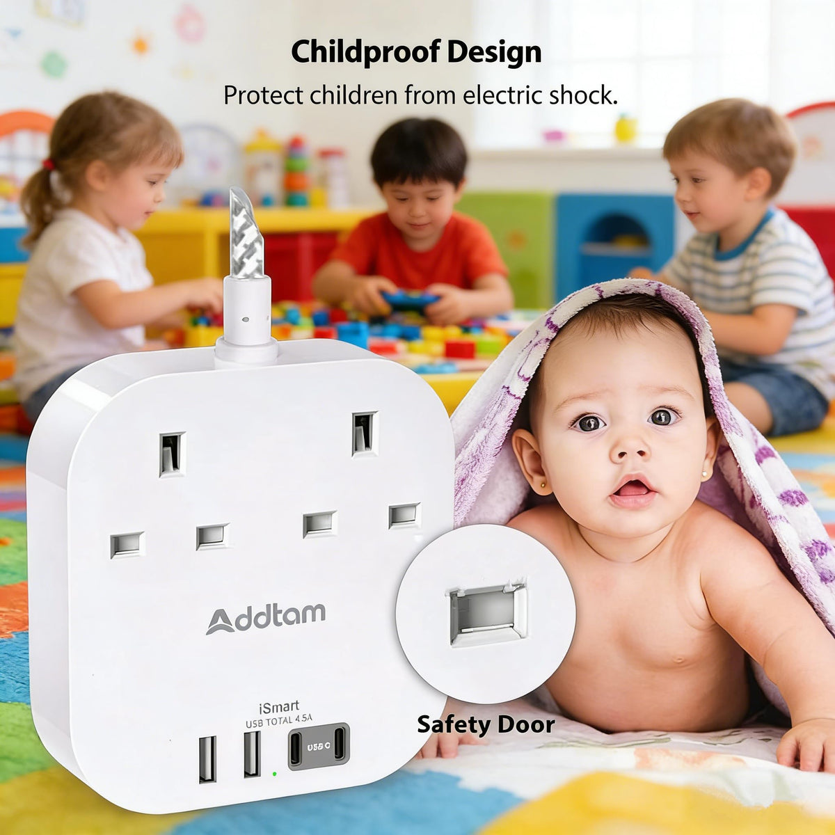 Extension Lead, Power Strips with 2 Way Outlets 4(4.5A, 2 Type C & 2 USB-A)