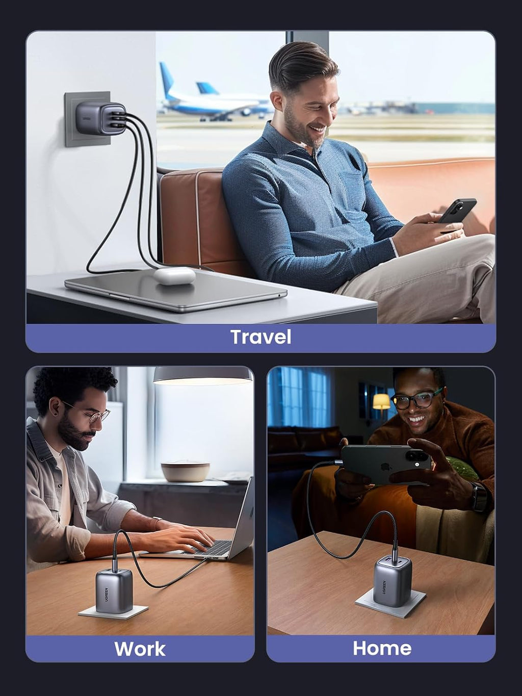UGREEN Nexode 65W USB C Plug, 3-Port Foldable GaN Fast Travel Charger