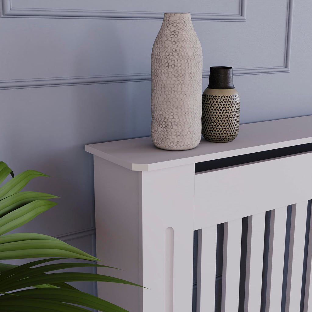 Vida Designs Chelsea Radiator Cover White - Medium - Modern Vertical Slat Design For Optimal Heat Circulation - H82xW111xD19cm - Painted MDF Cabinet Ideal For Living Room & Hallway