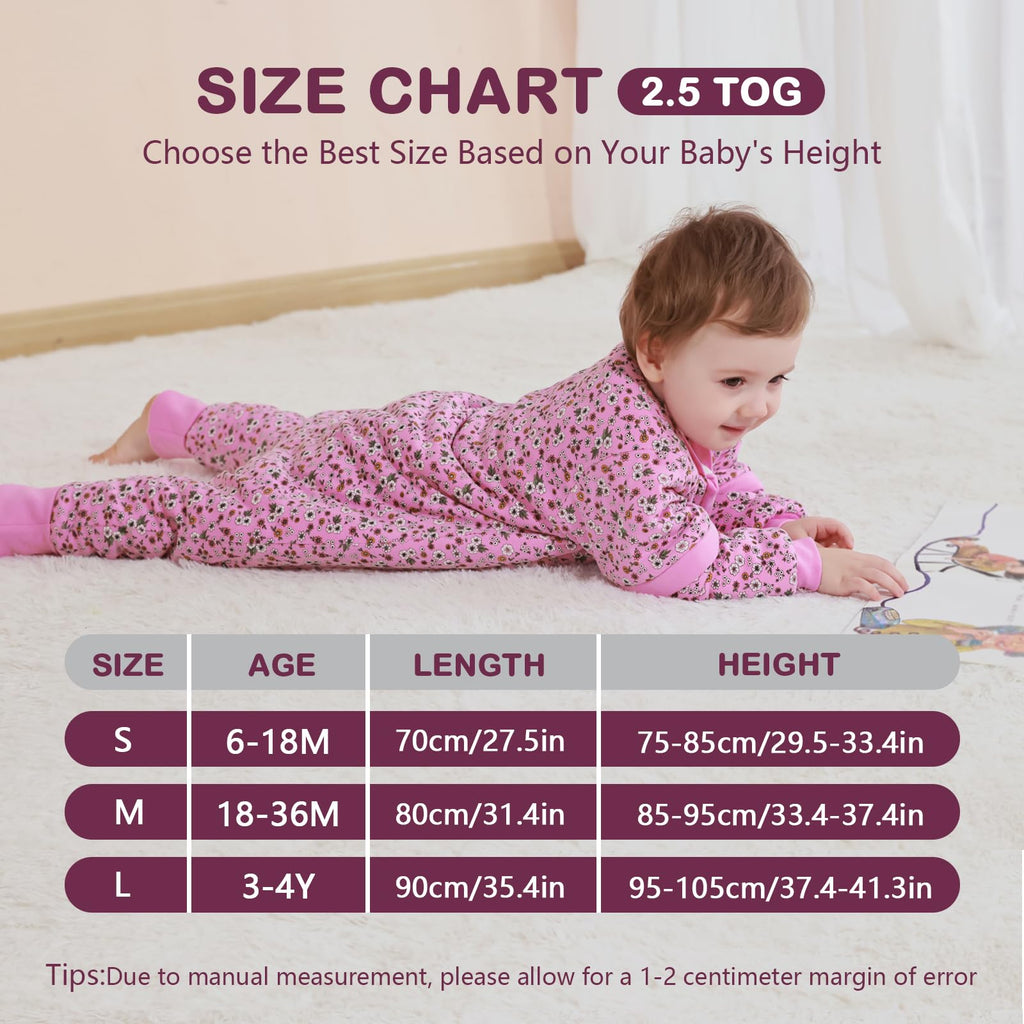 Mosebears Baby Sleeping Bag, 2.5 TOG Baby Sleep Sack with Legs,Winter Sleeping Bag with Removable Sleeves