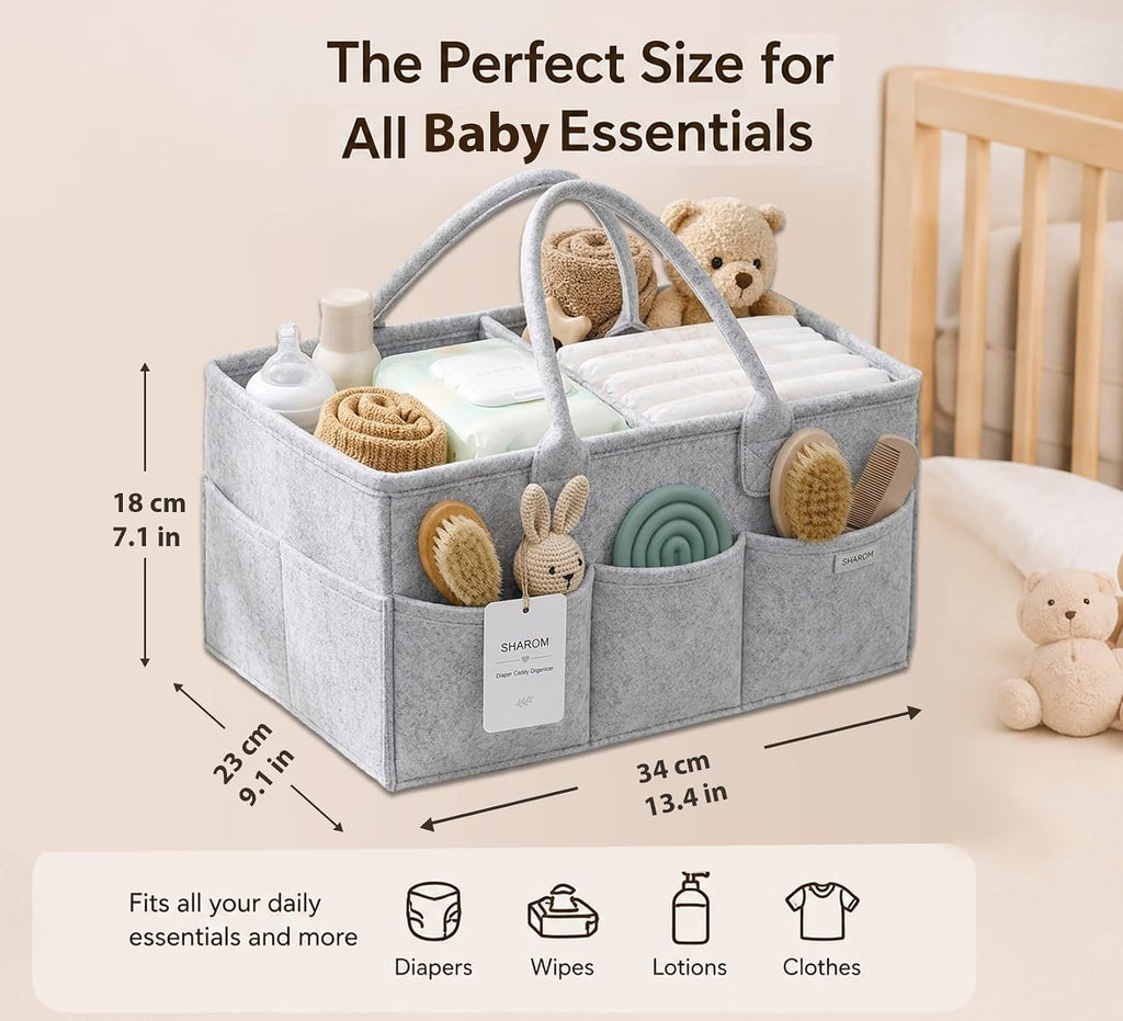 Essential Baby Caddy for Newborns. Spacious, Sturdy & Portable Diaper and Nappy Caddy for Newborn Essentials, Nursery Storage Basket & Organiser for Baby Shower Gifts & Registry Must-Haves Grey
