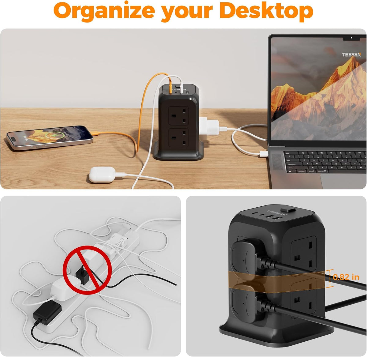 TESSAN 8 Way Black Tower Extension Lead 2M with 4 USB Slots (2 USB C)