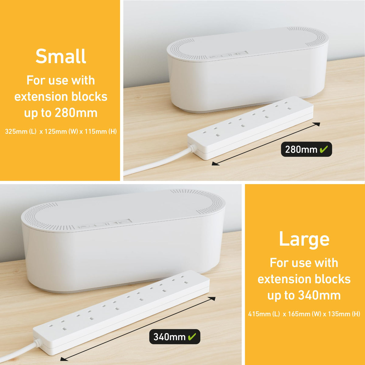 D-Line Cable Tidy Box, Hide Extension Blocks, Desk Cable Management, Organise TV Cables - 415mm (L) x 165mm (W) x 135mm (H) - Large, White