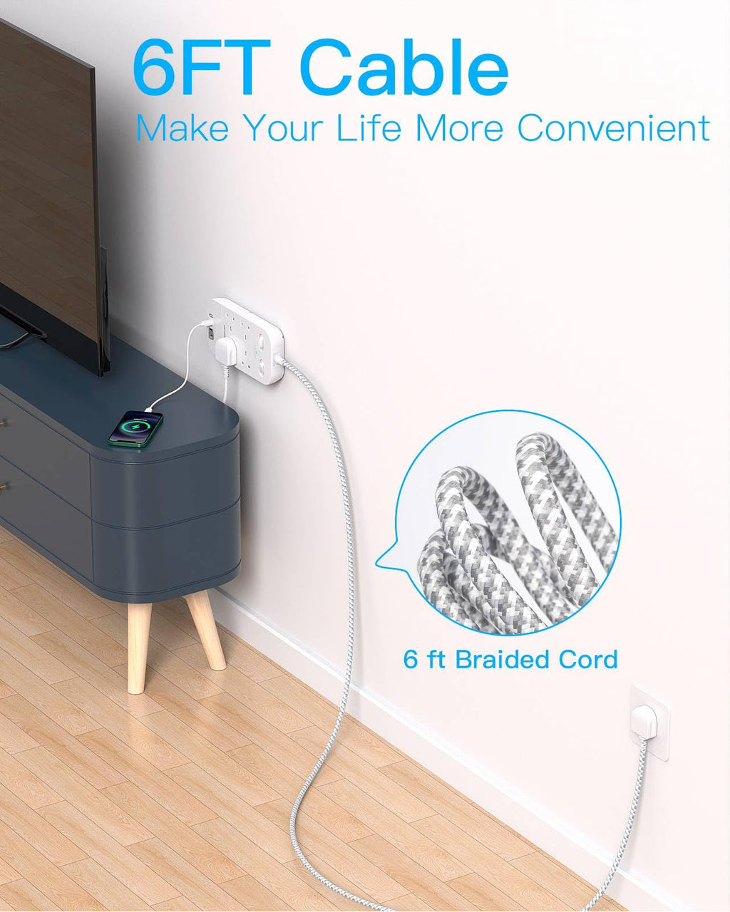Extension Lead 5M, 4 Way Surge Protected Power Strip with USB C Slots