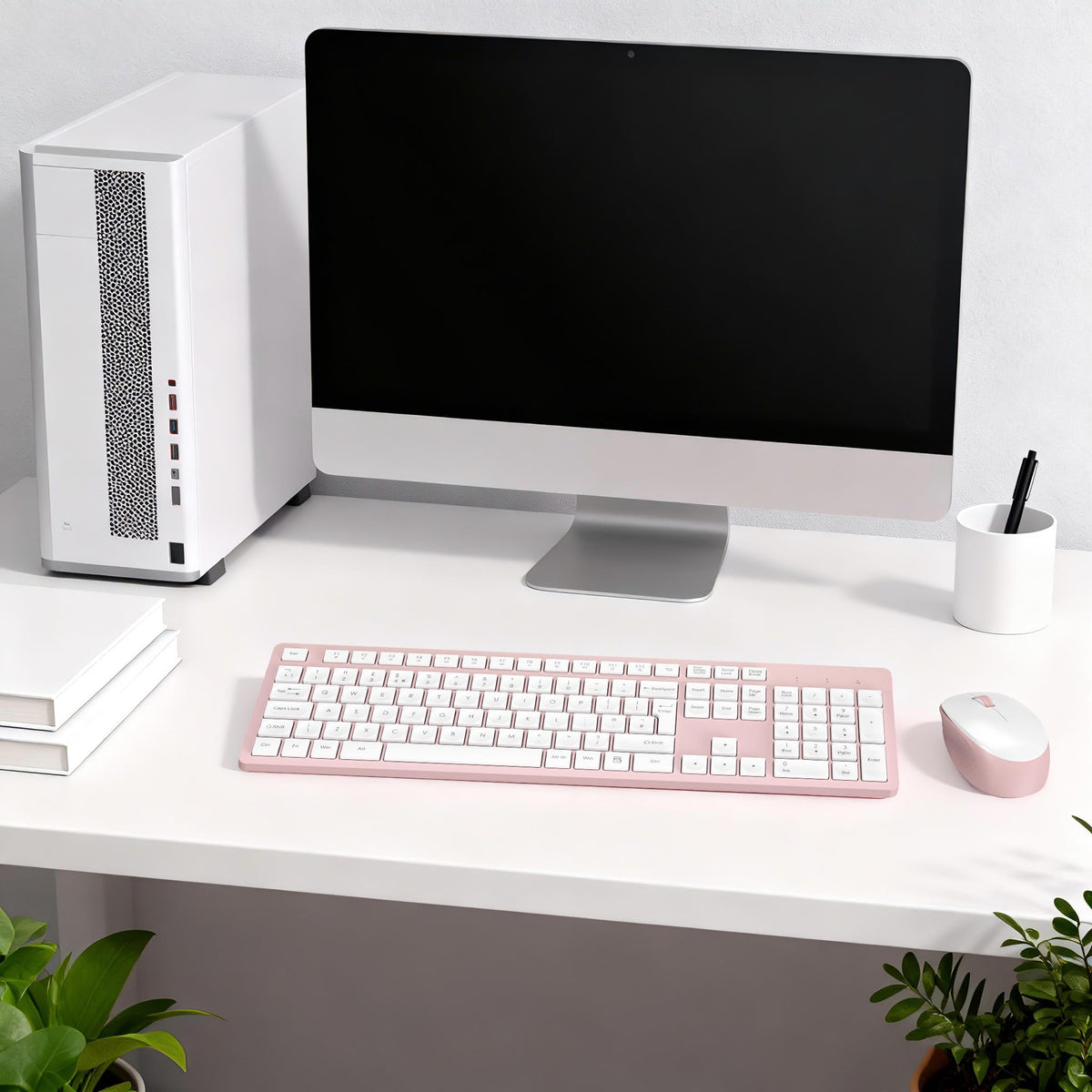 LeadsaiL Wireless Keyboard and Mouse Set, 2.4GHz USB Computer Keyboards and Mouse Combo, Ergonomic Design with 12 Multimedia Shortcuts for HP/Lenovo Laptop and Mac-Pink