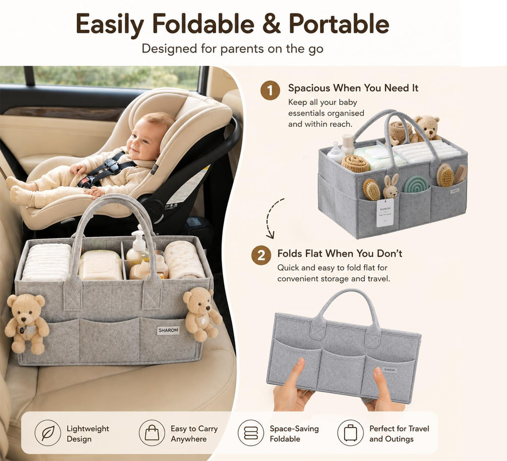 Essential Baby Caddy for Newborns. Spacious, Sturdy & Portable Diaper and Nappy Caddy for Newborn Essentials, Nursery Storage Basket & Organiser for Baby Shower Gifts & Registry Must-Haves Grey