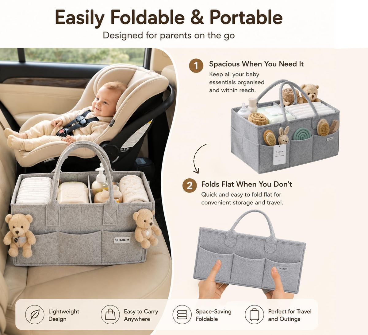 Essential Baby Caddy for Newborns. Spacious, Sturdy & Portable Diaper and Nappy Caddy for Newborn Essentials, Nursery Storage Basket & Organiser for Baby Shower Gifts & Registry Must-Haves Grey