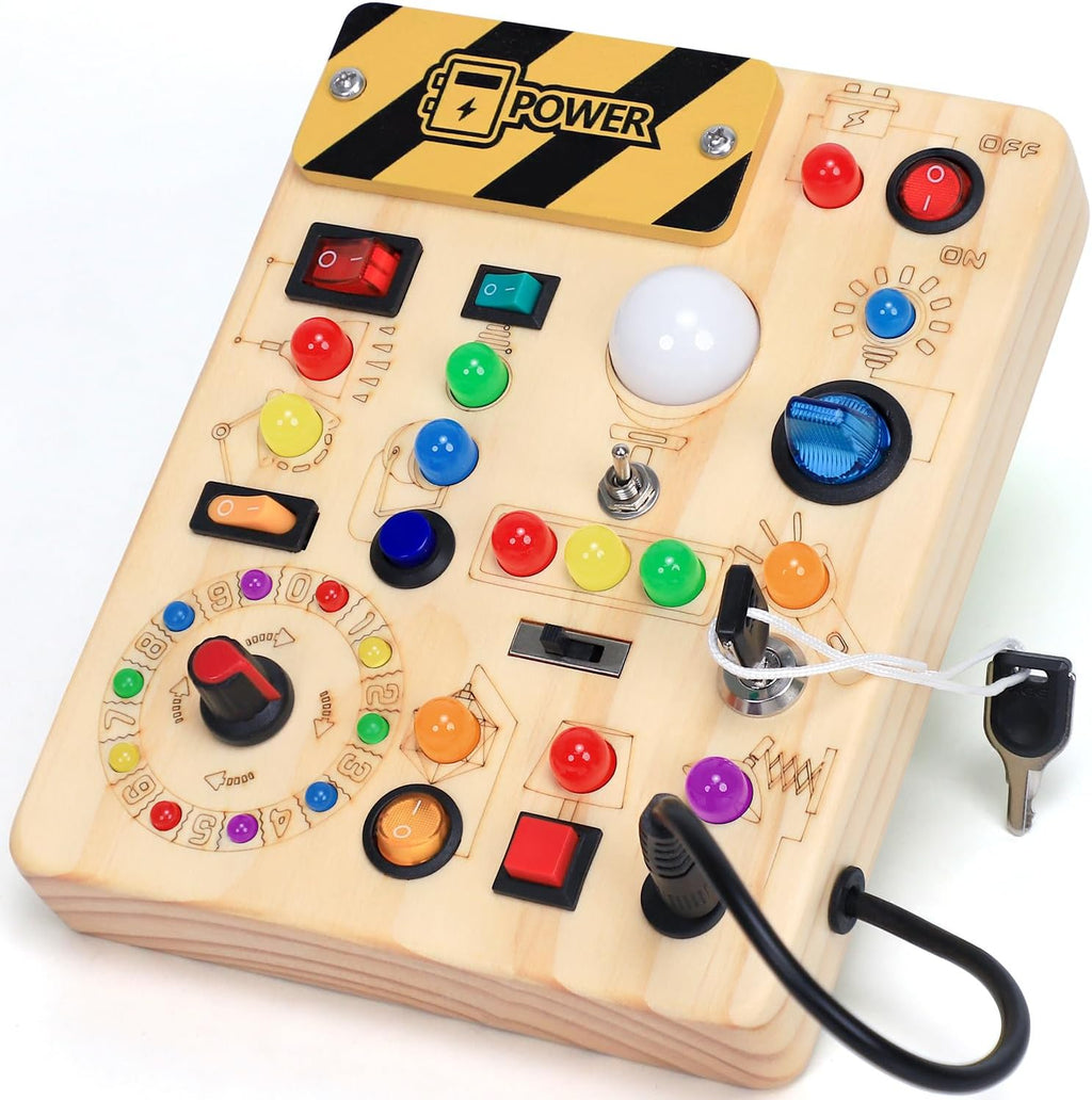 Busy Board with LED Light Switches, Montessori Toys for 1 2 3 Years Old, Toddlers Wooden Toy Sensory Activity Board, Travel Toys for 1+ Year Old Boy & Girl Birthday Gift