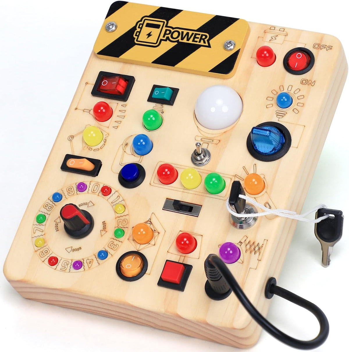 Busy Board with LED Light Switches, Montessori Toys for 1 2 3 Years Old, Toddlers Wooden Toy Sensory Activity Board, Travel Toys for 1+ Year Old Boy & Girl Birthday Gift