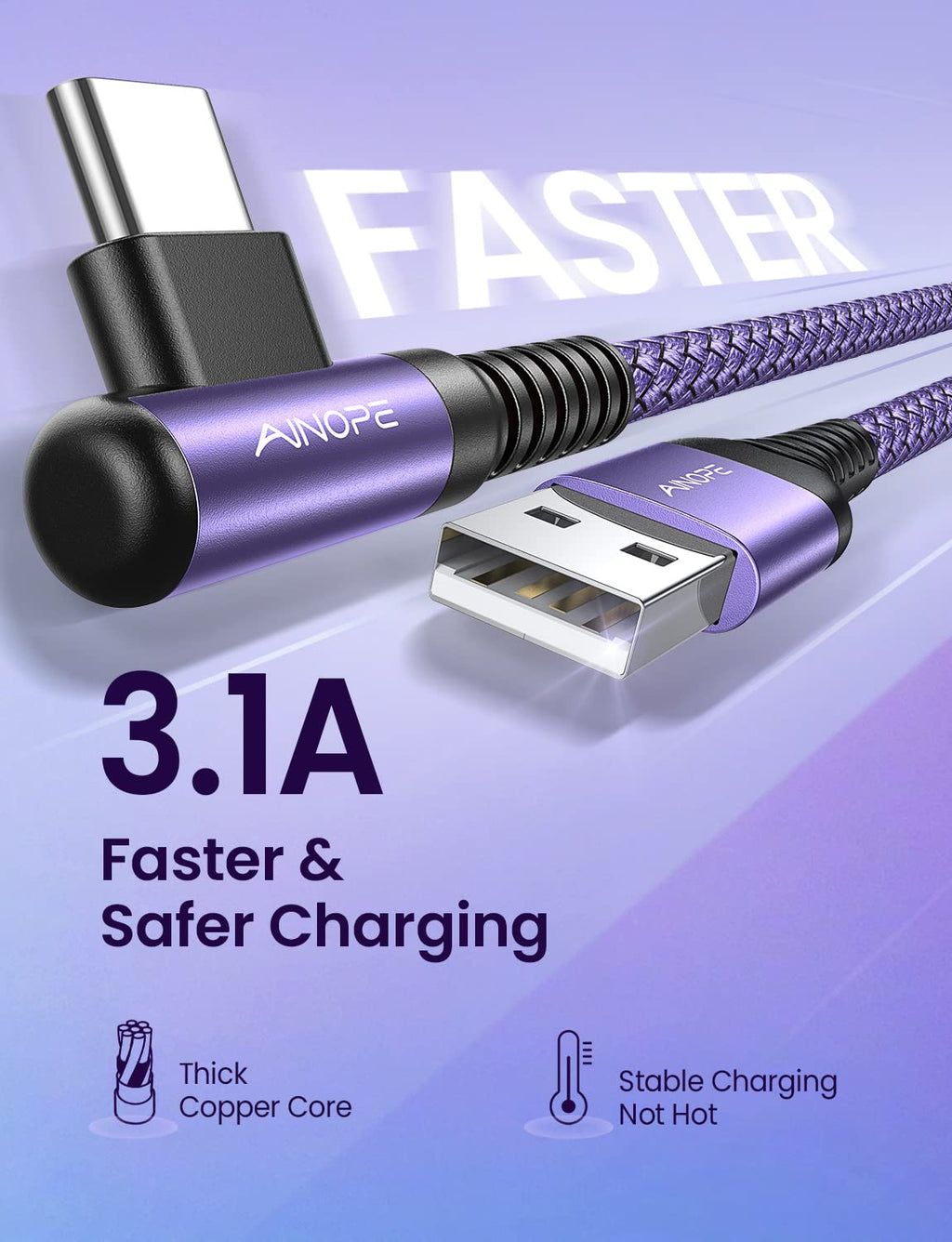 AINOPE 2-Pack 0.5ft USB C Cable, 3.1A Fast Charging, Right Angle, Durable Nylon Braided, Compatible with Galaxy S22 S21 Plus S20, Note 10 9 LG, Type C Charger