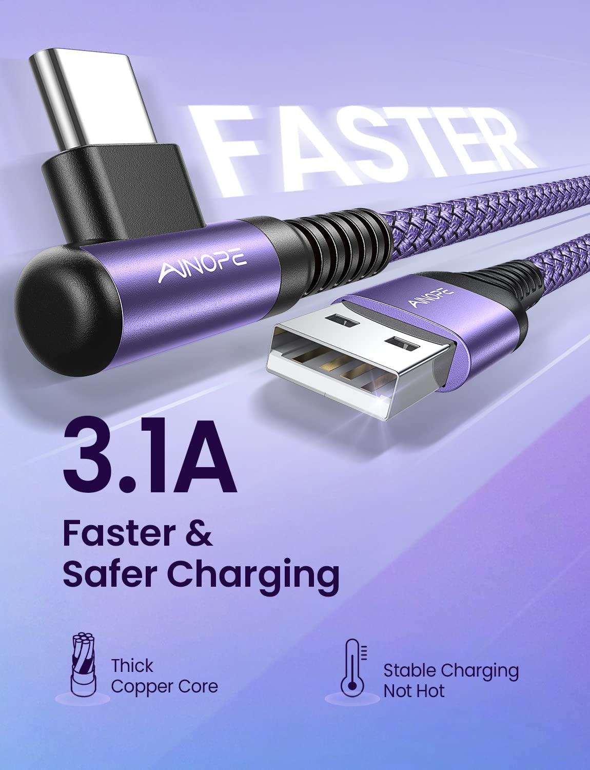 AINOPE 2-Pack 0.5ft USB C Cable, 3.1A Fast Charging, Right Angle, Durable Nylon Braided, Compatible with Galaxy S22 S21 Plus S20, Note 10 9 LG, Type C Charger
