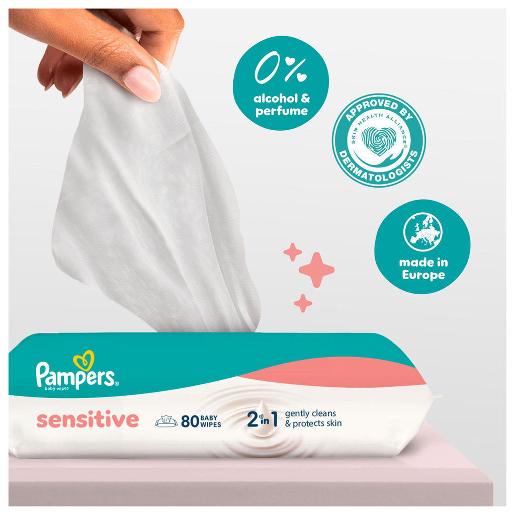 Pampers Sensitive Baby Wipes 24 Packs of 52 Wipes = 1248 Baby Wet Wipes, 2 in 1 Gently Cleans & Protects, 0% plastic in wipes