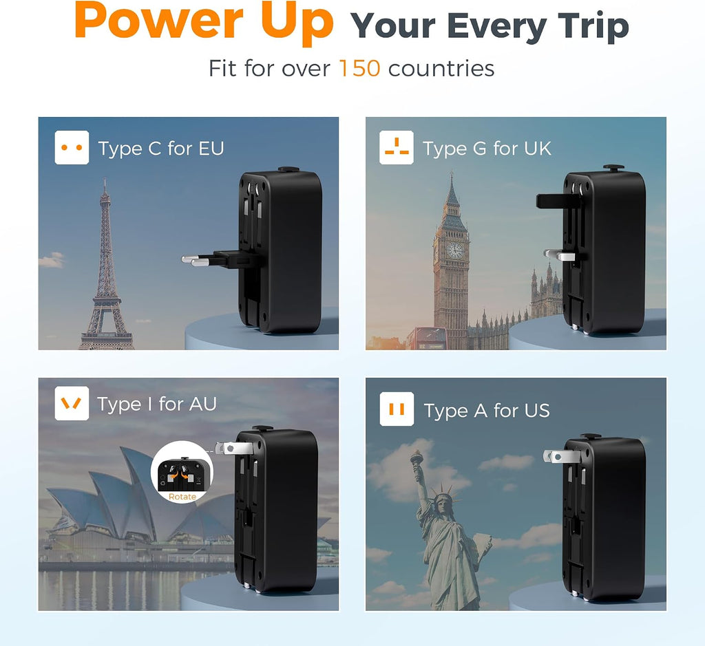 TESSAN UK to Universal Travel Adapter, 1 Pack, Black