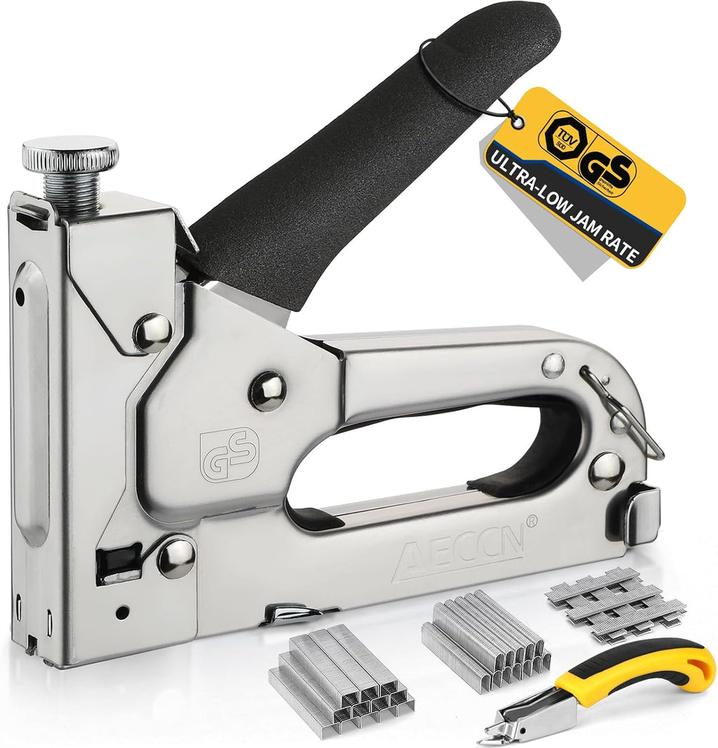 AECCN 3-in-1 Heavy Duty Staple Gun for Wood & Furniture, and DIY, Silver