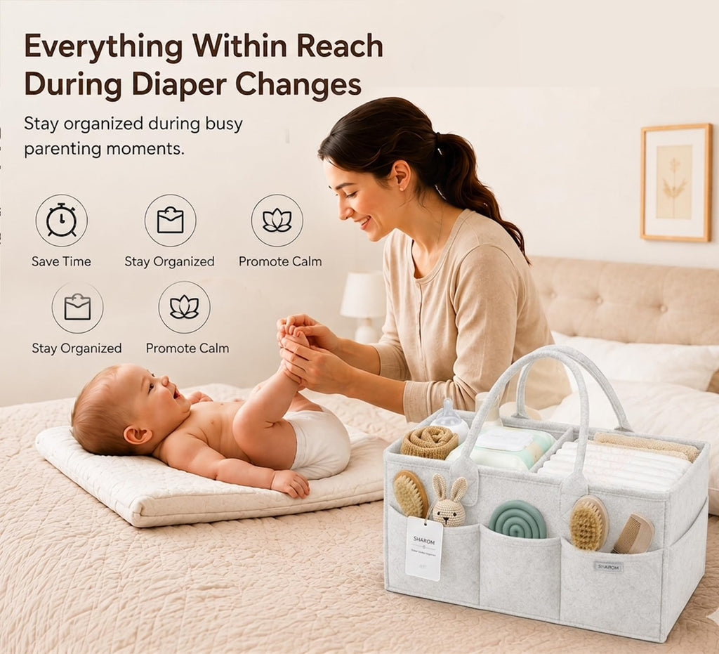 Essential Baby Caddy for Newborns. Spacious, Sturdy & Portable Diaper and Nappy Caddy for Newborn Essentials, Nursery Storage Basket & Organiser for Baby Shower Gifts & Registry Must-Haves Grey