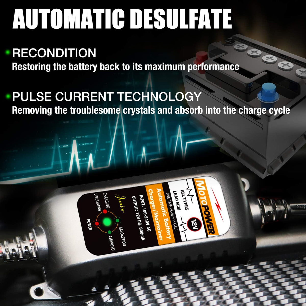 MOTOPOWER MP00205A 12V 800mA Fully Automatic Battery Charger/Maintainer - UK Plug