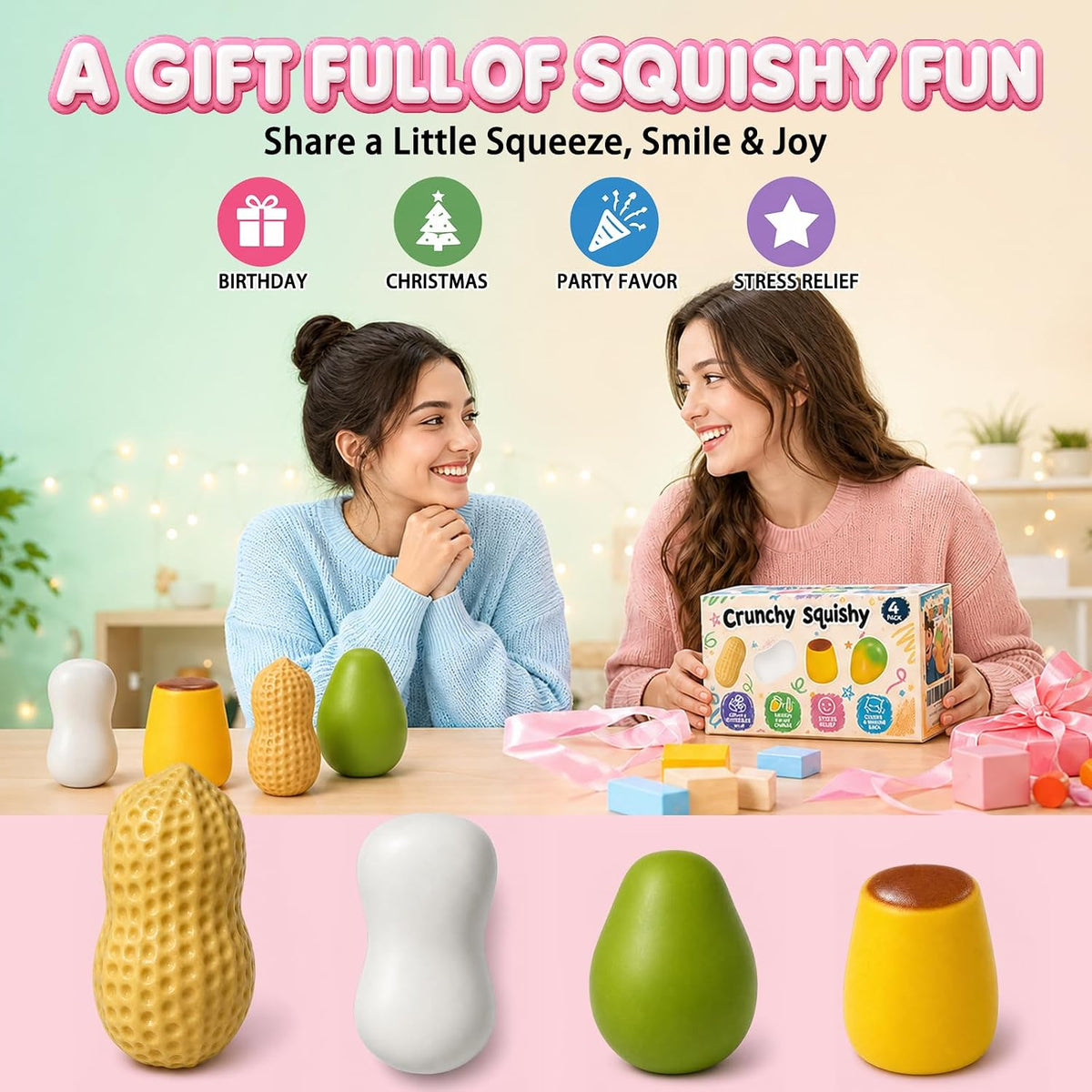 4 Pack Crunchy Squishy Stress Ball,Mango Pudding Peanut & Soap ASMR Fidget