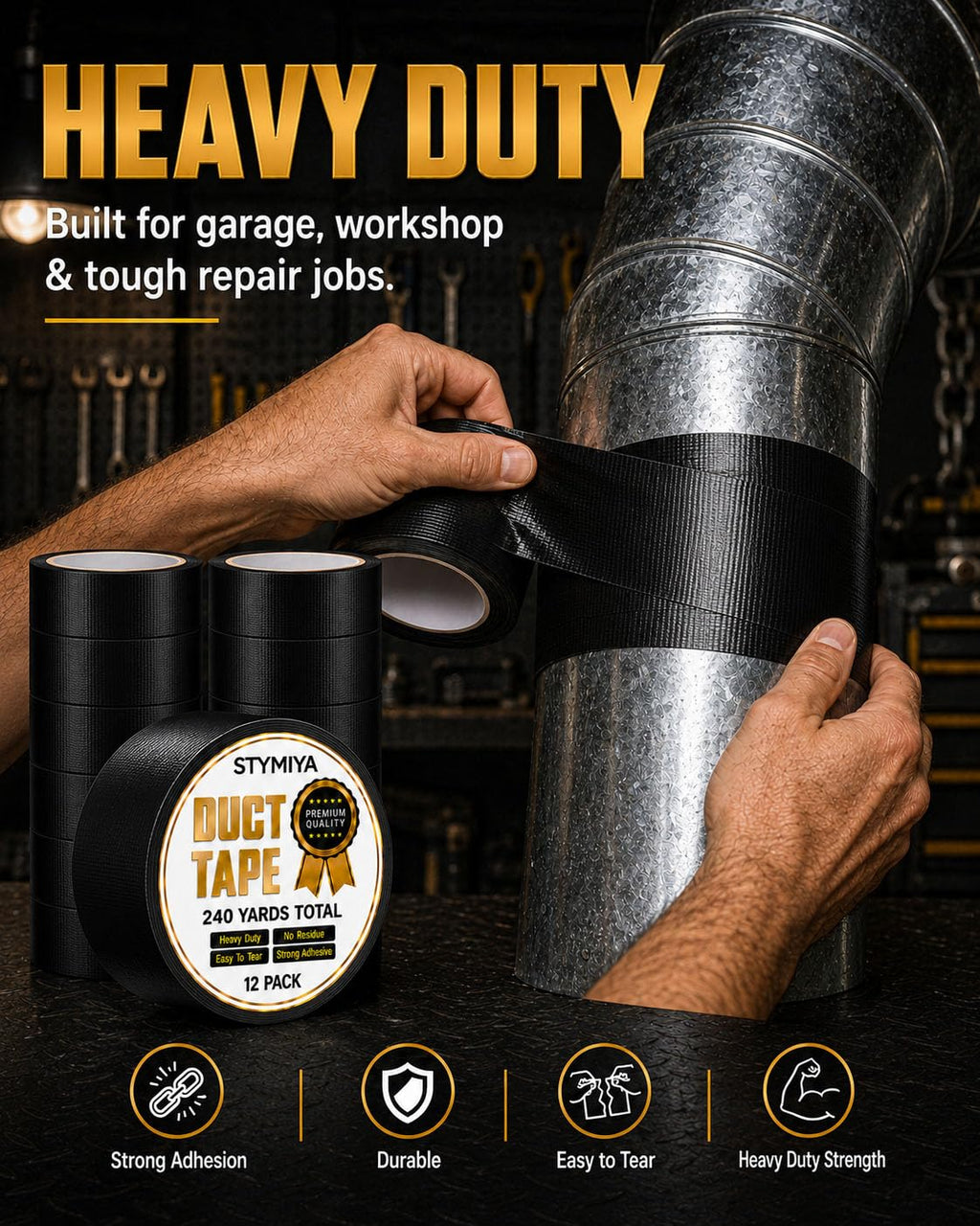 Black Duct Tape Heavy Duty: 3 Rolls 2inch x 20yd Wide Waterproof Outdoor - Strong Adhesive Weather Tapes Repair Bulk - Ductape for Patterns Masking Packing Furniture Kids Craft (3, Matte Black)