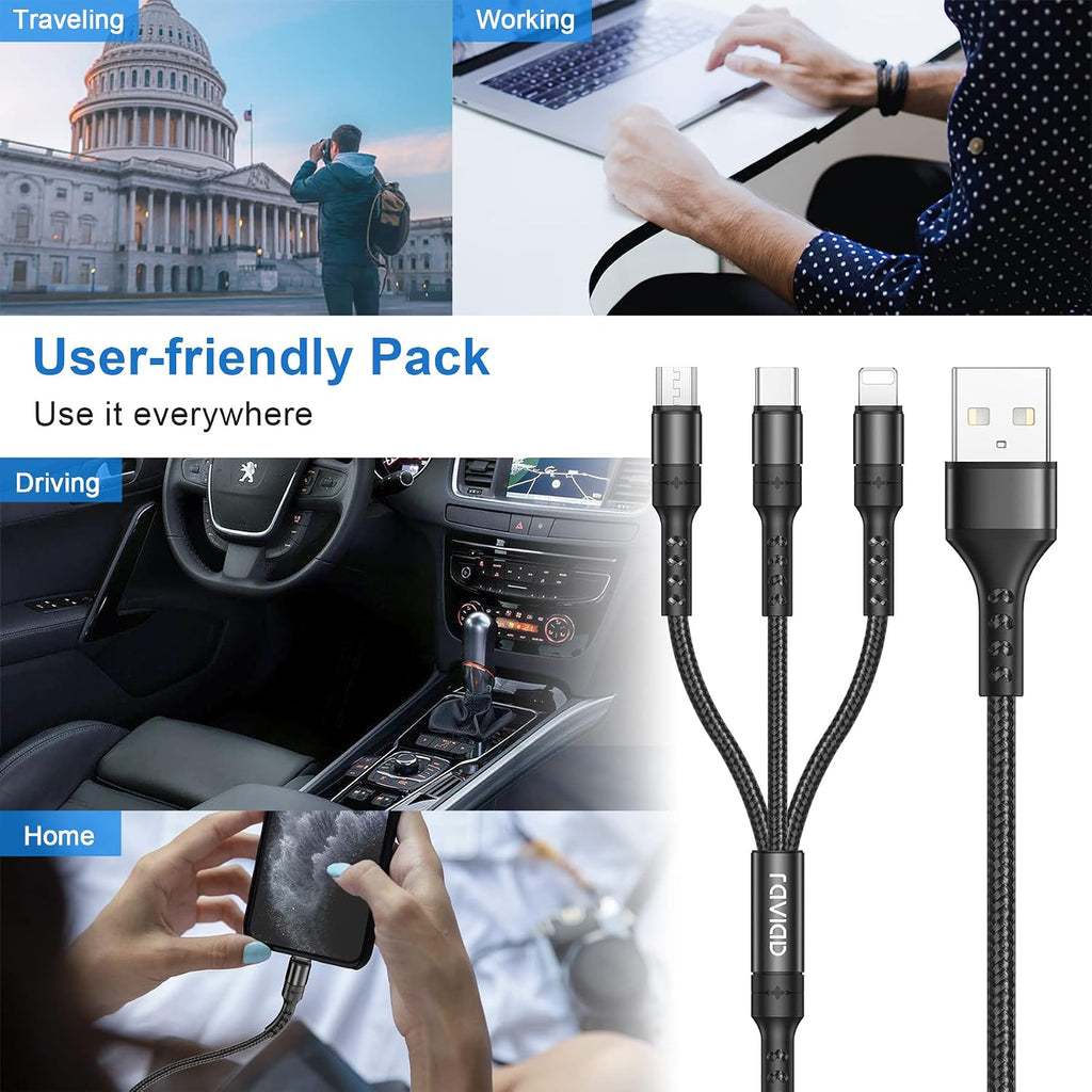 RAVIAD Multi Charger Cable, 3 in 1 Charger Cable 3A USB Fast Charging Cord