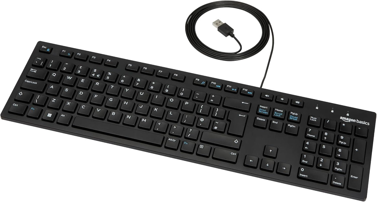 Amazon Basics Full size Wired Keyboard Compatible with Laptop PC Tablet, USB Plug-and-Play, QWERTY UK Layout, Matt Black