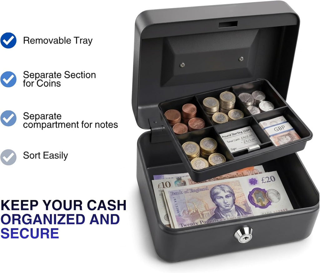 Requisite Needs Metal Money Box Tin 6" Steel Cash Safe Box Petty Cash Deposit Tin with Lock 2 Keys for Security (BLACK)