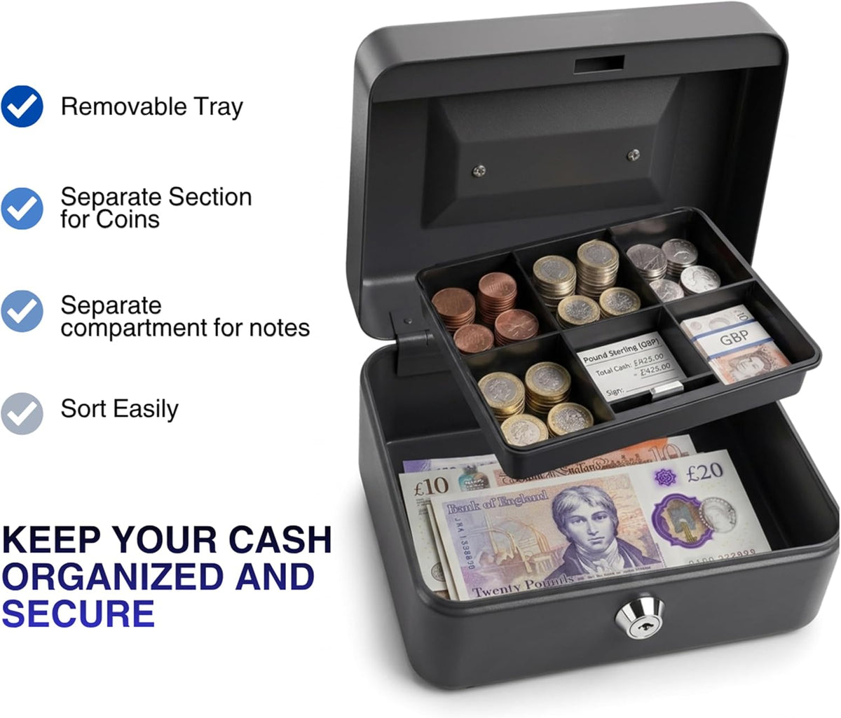 Requisite Needs Metal Money Box Tin 6" Steel Cash Safe Box Petty Cash Deposit Tin with Lock 2 Keys for Security (BLACK)