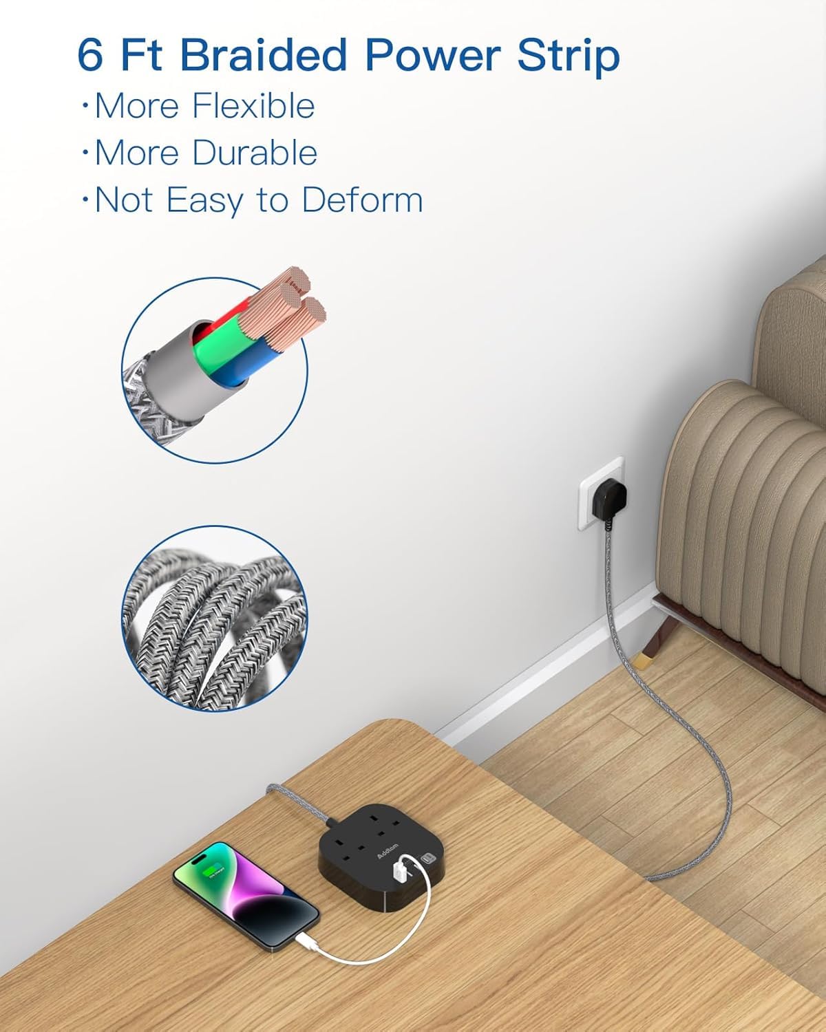 Extension Lead, Power Strips with 2 Way Outlets 4(4.5A, 2 Type C & 2 USB-A)