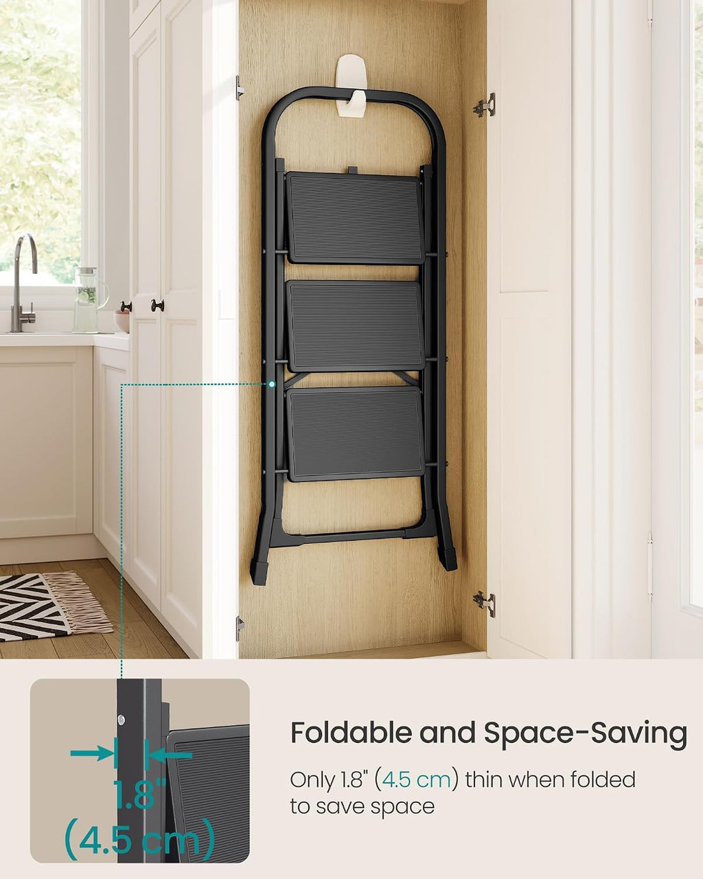 SONGMICS 3-Step Ladder, Folding Step Ladder, Safety, Holds up to 150KG