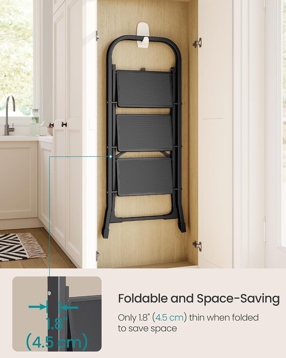 SONGMICS 3-Step Ladder, Folding Step Ladder, Safety, Holds up to 150KG