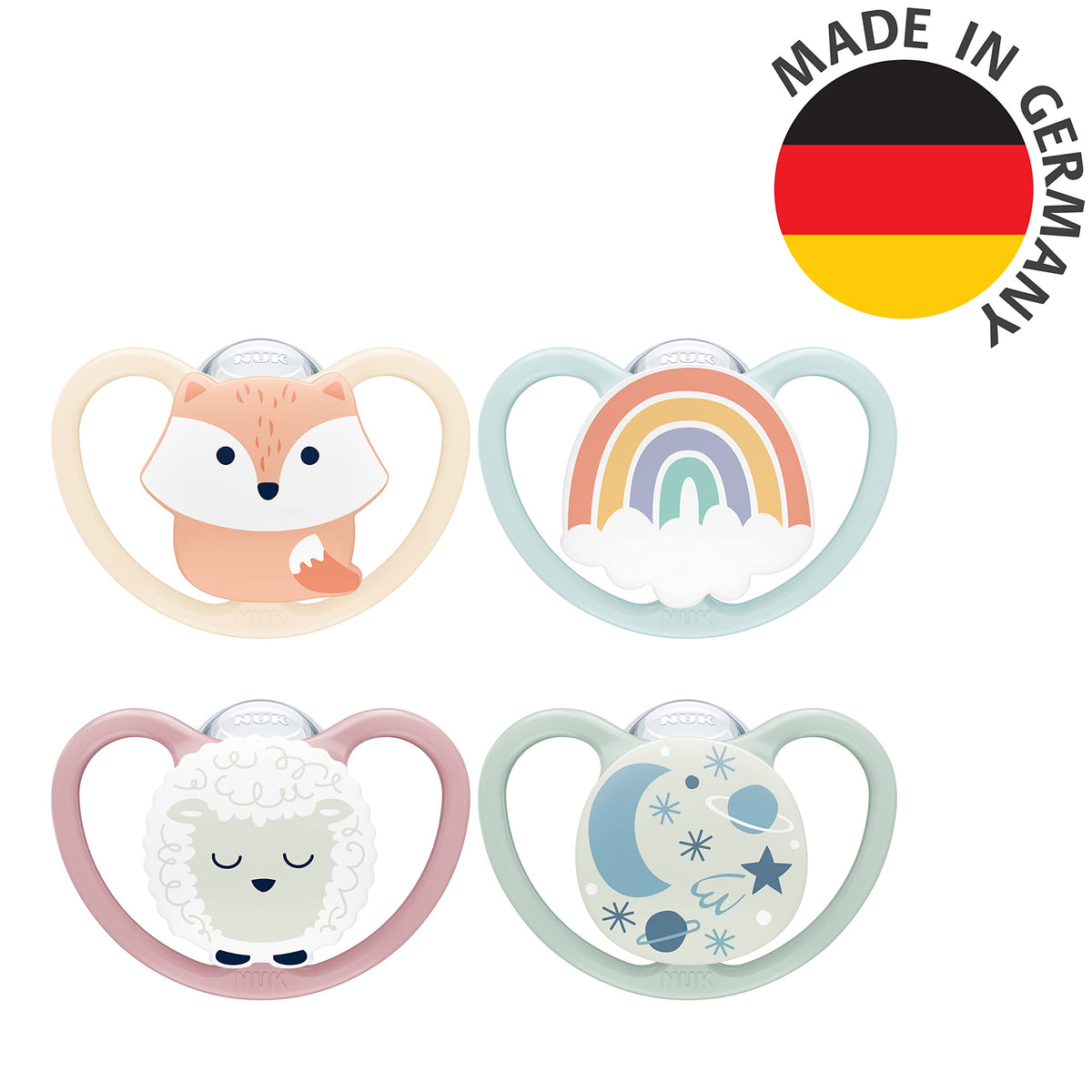 NUK Space Day & Night Baby Dummy | 6-18 Months | Glow-in-the-Dark Soothers with Extra Ventilation for Sensitive Skin | BPA-Free Silicone | Zebra & Lion | 4 Count