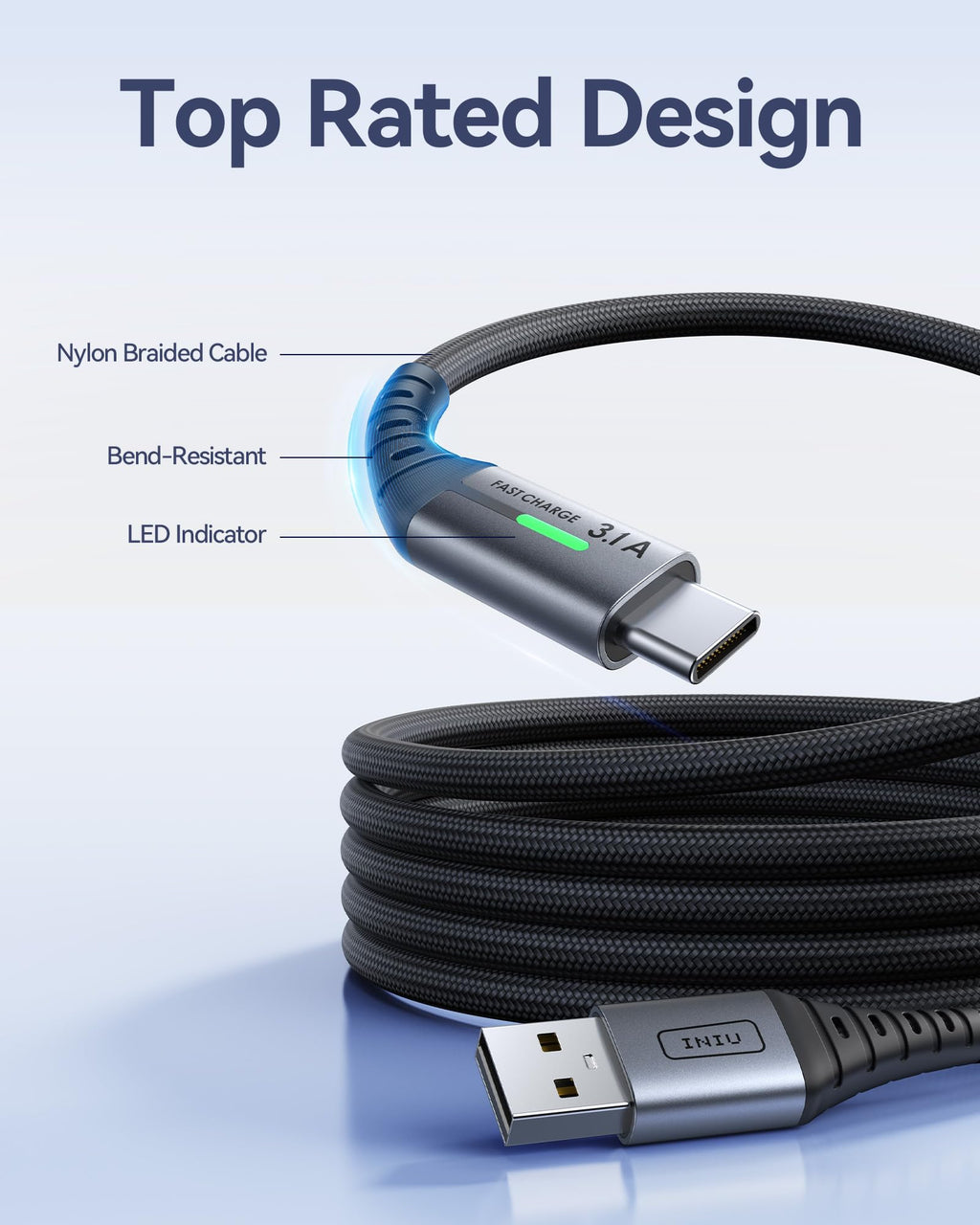 INIU USB C Charger Cable, [2m] USB A to USB C Charging Cable 3.1A